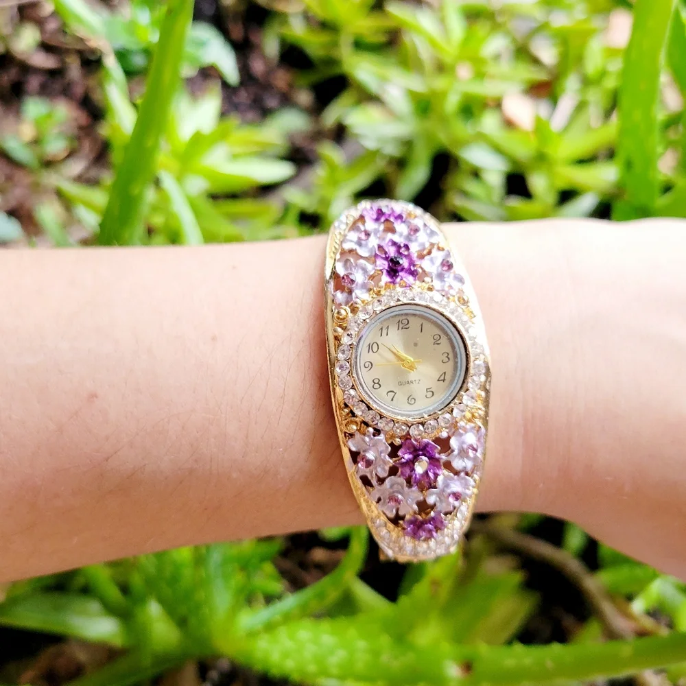 Ornate Floral Rhinestone Gold & Purple Watch
